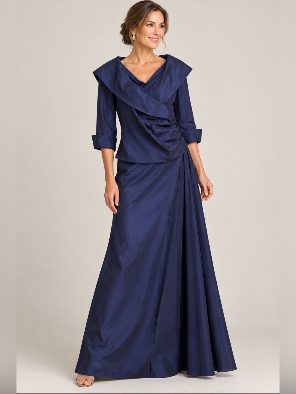 David’s Bridal Blue Taffeta Draped Portrait Collar Gown 22W